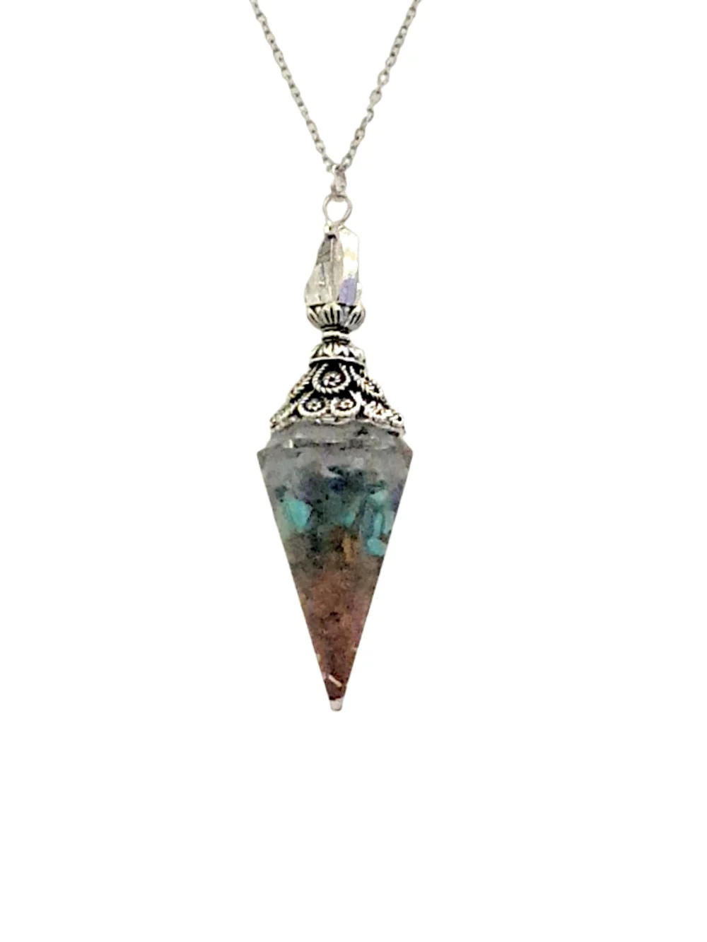 Multicolor Crystal Point Pendant w/ Iridescent Blue-Green & Stainless Steel Chai